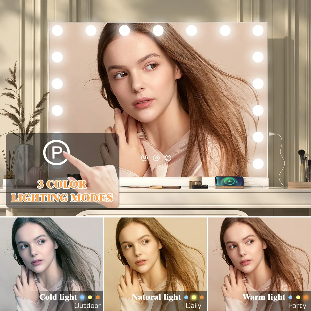 Miroir de coiffeuse à LED encadré