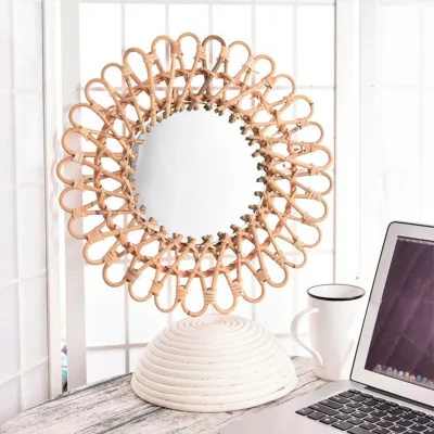 Miroir mural rond en rotin, couleur bois