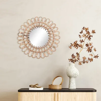 Miroir mural rond en rotin, couleur bois – image 2