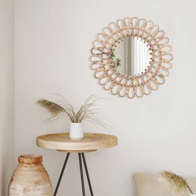 Miroir mural rond en rotin, couleur bois – image 3
